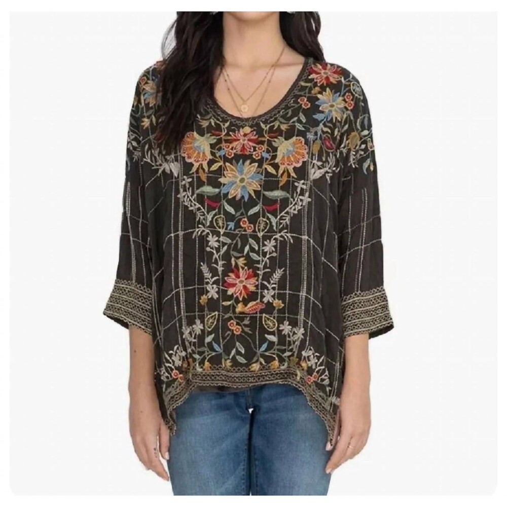 JOHNNY WAS Embroidered SIENNA Blouse Black Floral M Boho
